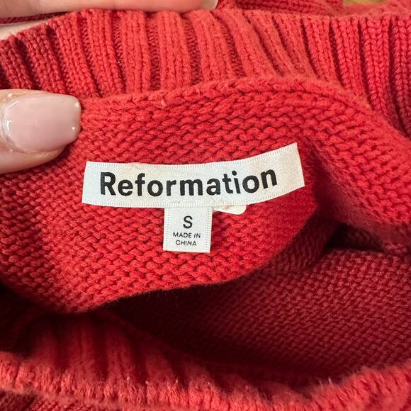 REFORMATION Anna Cotton Crewneck Sweater Relaxed Chunky Knit Pullover Red - Picture 10 of 11